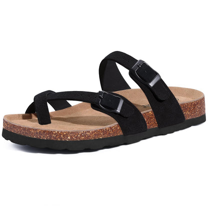 Litfun Women's Genuine Suede Cork Footbed Sandals Comfortable Summer Slides with Adjustable Buckle
