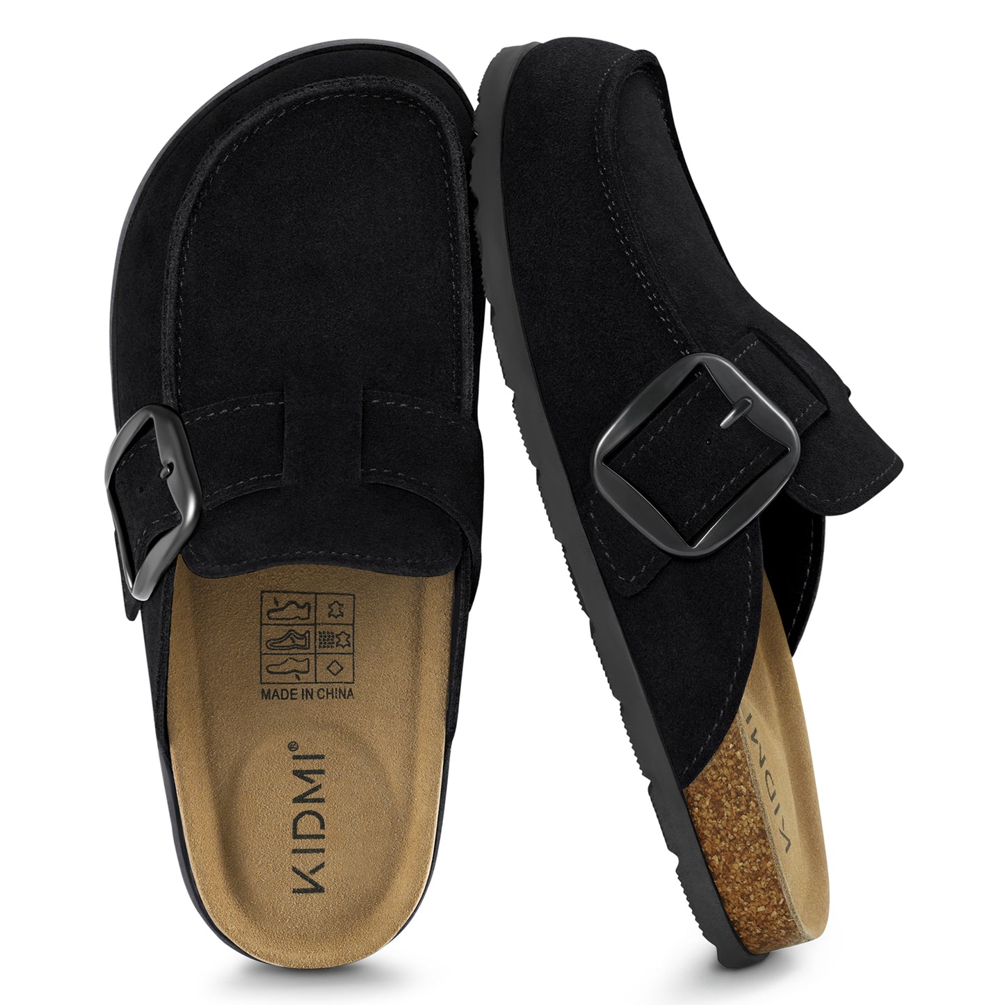 KIDMI Genuine Suede Clogs for Women Cork Footbed Leather Mules Slip On with Comfort Memory Foam and Adjustable Buckle