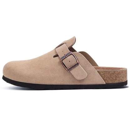 Litfun Suede Clogs for Women Cork Footbed Leather Sandals Arch Support Potato Shoes with Adjustable Buckle