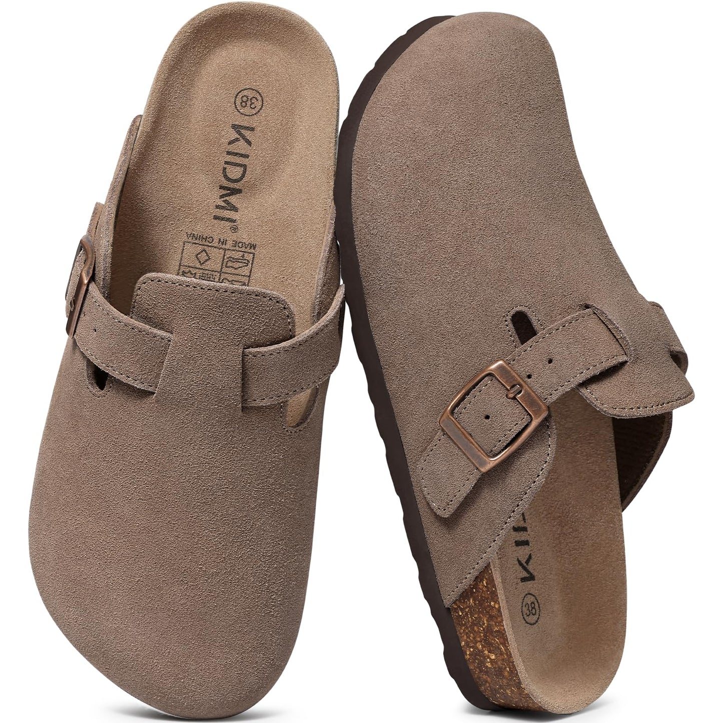 KIDMI Women's Suede Clogs Leather Mules Cork Footbed Sandals Potato Shoes with Arch Support