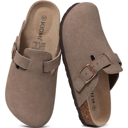 KIDMI Women's Suede Clogs Leather Mules Cork Footbed Sandals Potato Shoes with Arch Support