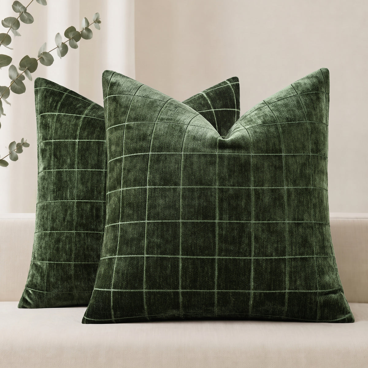 decorUhome Chenille Plaid Throw Pillow Covers 18x18 Set of 2