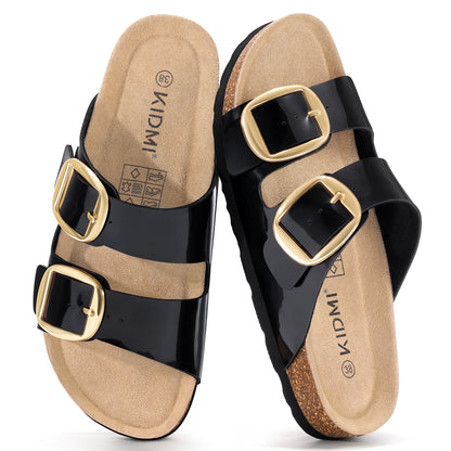 Comwarm Women's Cork Footbed Slide Sandals, Comfortable Arch Support Summer Slip On Sandals with Adjustable Buckle