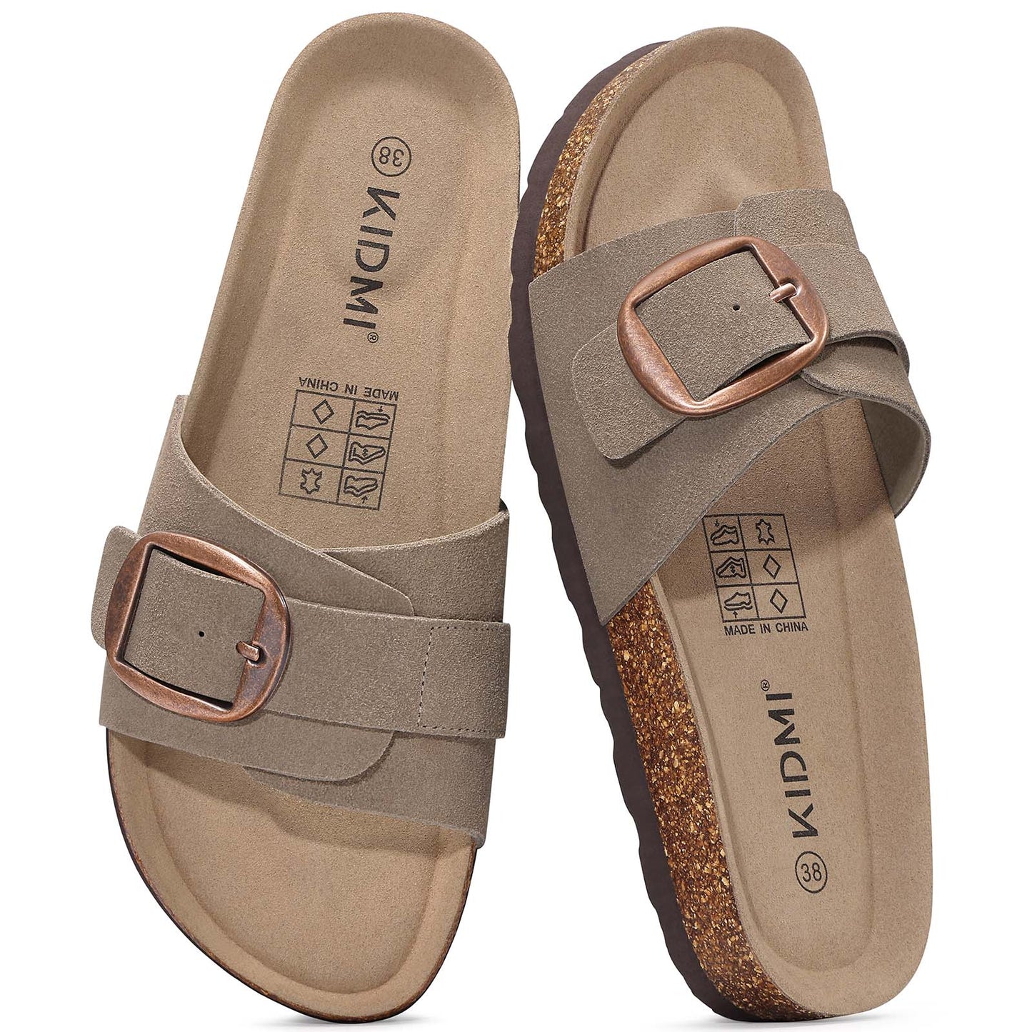 KIDMI Genuine Suede Cork Footbed Sandals for Women Comfortable Summer Slides with Buckle