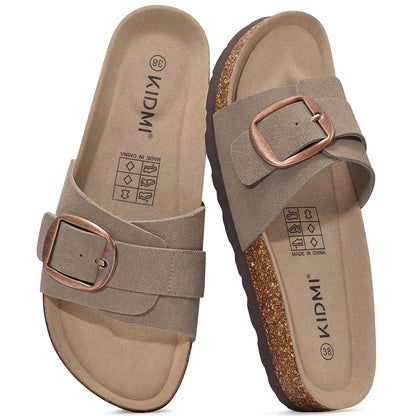 KIDMI Genuine Suede Cork Footbed Sandals for Women Comfortable Summer Slides with Buckle