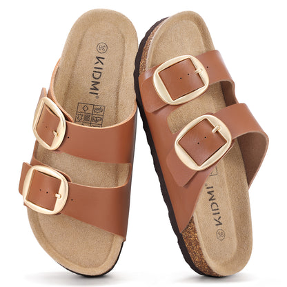 Comwarm Women's Cork Footbed Slide Sandals, Comfortable Arch Support Summer Slip On Sandals with Adjustable Buckle