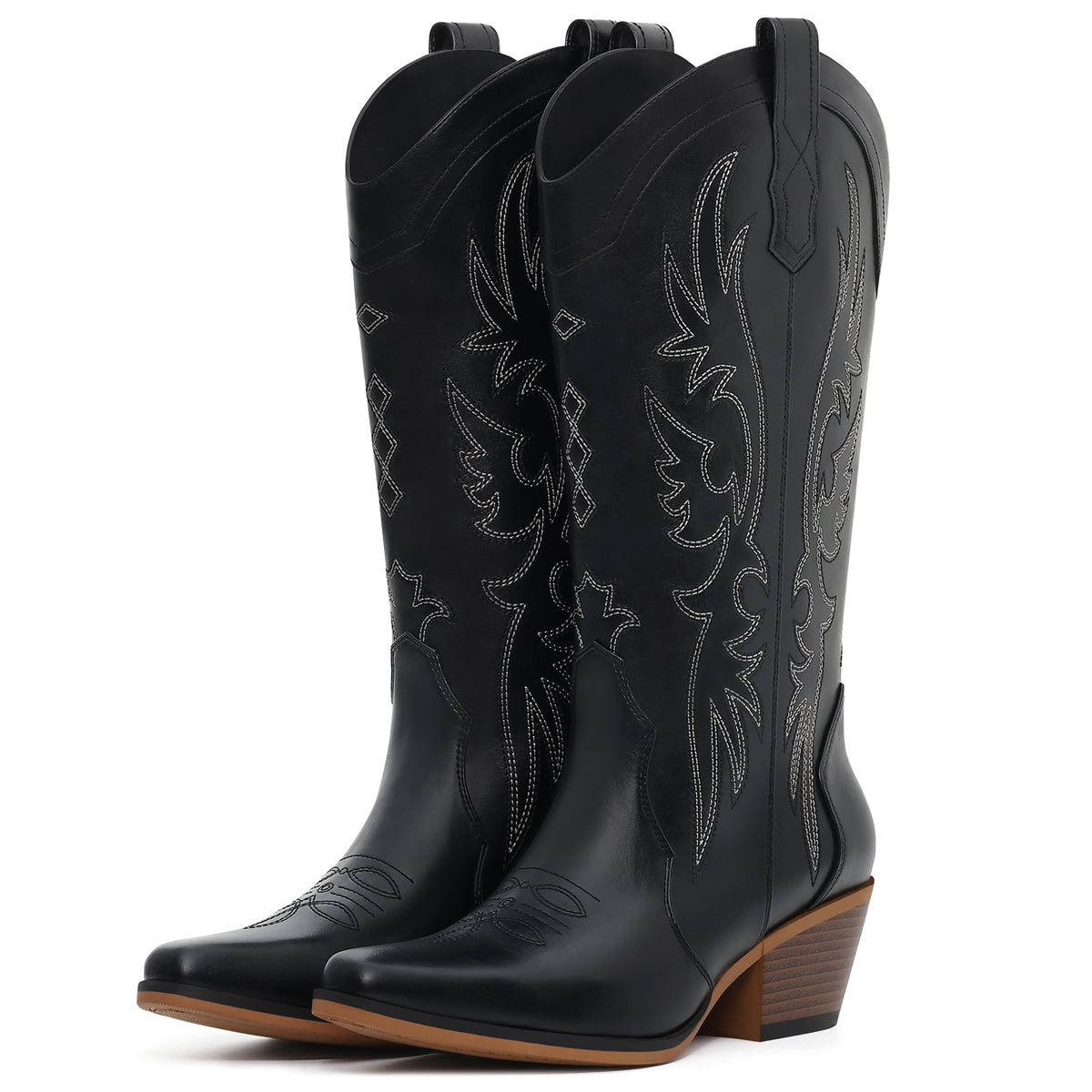Litfun Cowboy Boots for Women Wide Calf Embroidered Cowgirl Boots Pointed Toe Chunky Block Heel Western Boots