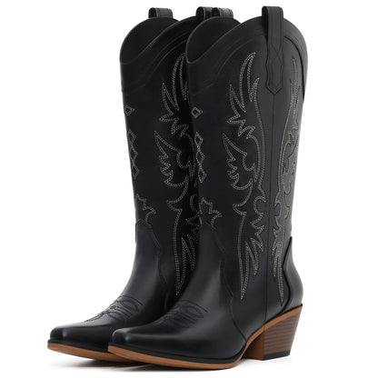 Litfun Cowboy Boots for Women Wide Calf Embroidered Cowgirl Boots Pointed Toe Chunky Block Heel Western Boots