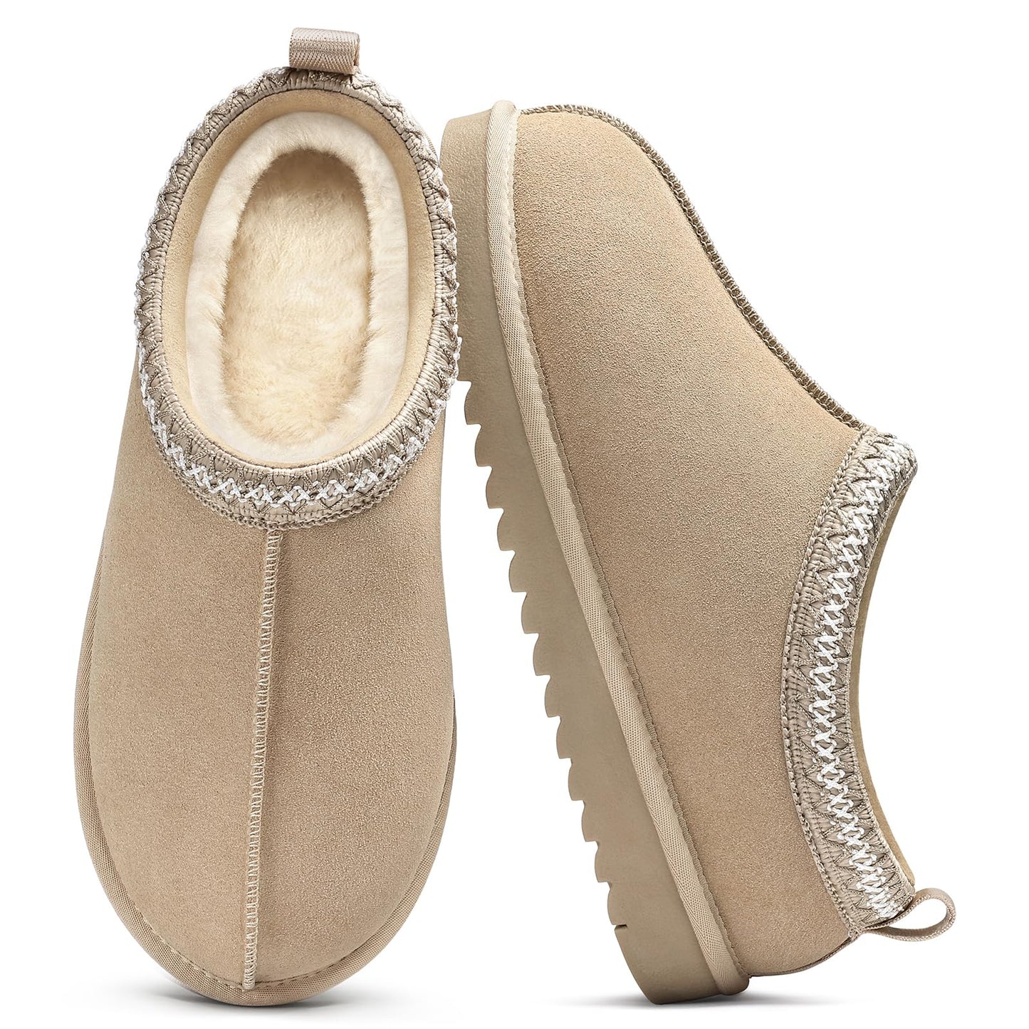 Comwarm Genuine Suede House Fuzzy Slippers for Women Men, Warm Memory Foam Shoes Indoor Outdoor, Khaki