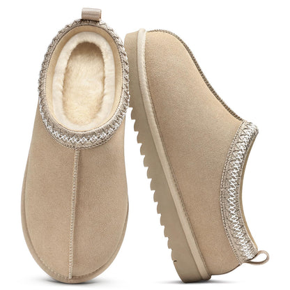 Comwarm Genuine Suede House Fuzzy Slippers for Women Men, Warm Memory Foam Shoes Indoor Outdoor, Khaki