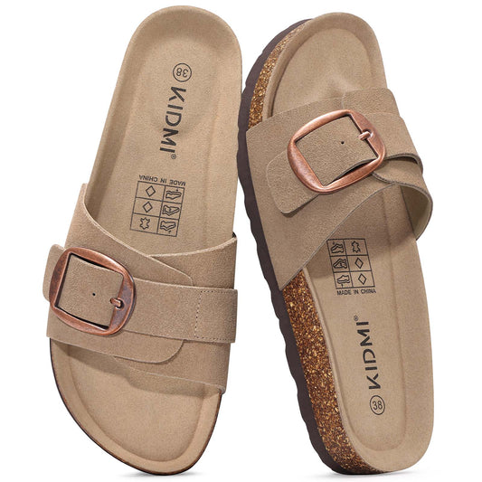 KIDMI Genuine Suede Cork Footbed Sandals for Women Comfortable Summer Slides with Buckle
