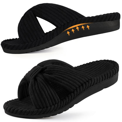 Smile Popcorn Women's Orthotic Arch Support Slippers Soft House Slippers Slides Corduroy Cross Bow House Shoes