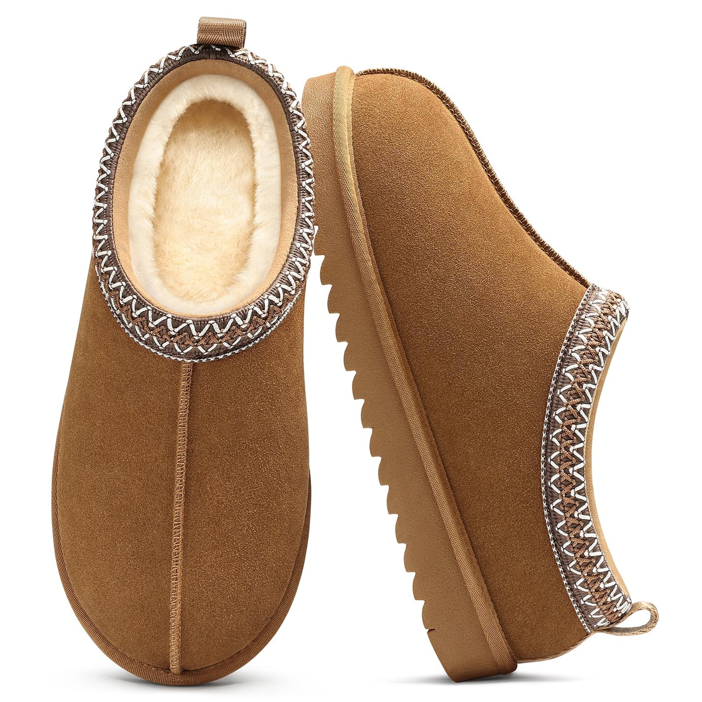 Comwarm Genuine Suede House Fuzzy Slippers for Women Men, Warm Memory Foam Shoes Indoor Outdoor, Khaki