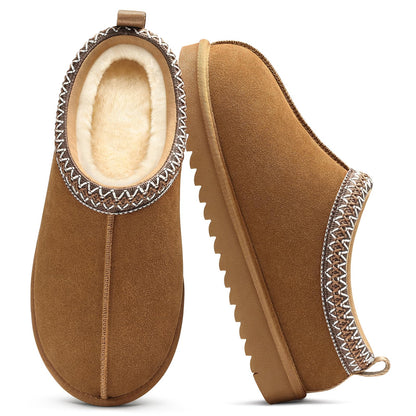 Comwarm Genuine Suede House Fuzzy Slippers for Women Men, Warm Memory Foam Shoes Indoor Outdoor, Khaki