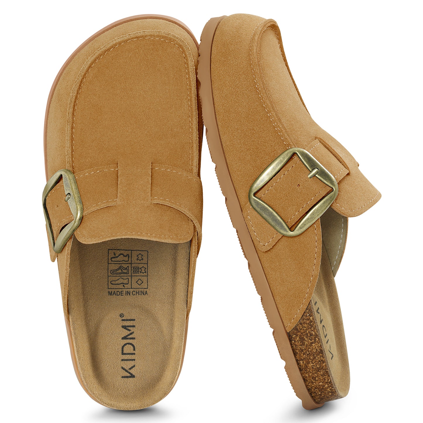 KIDMI Genuine Suede Clogs for Women Cork Footbed Leather Mules Slip On with Comfort Memory Foam and Adjustable Buckle