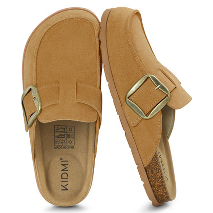 KIDMI Genuine Suede Clogs for Women Cork Footbed Leather Mules Slip On with Comfort Memory Foam and Adjustable Buckle
