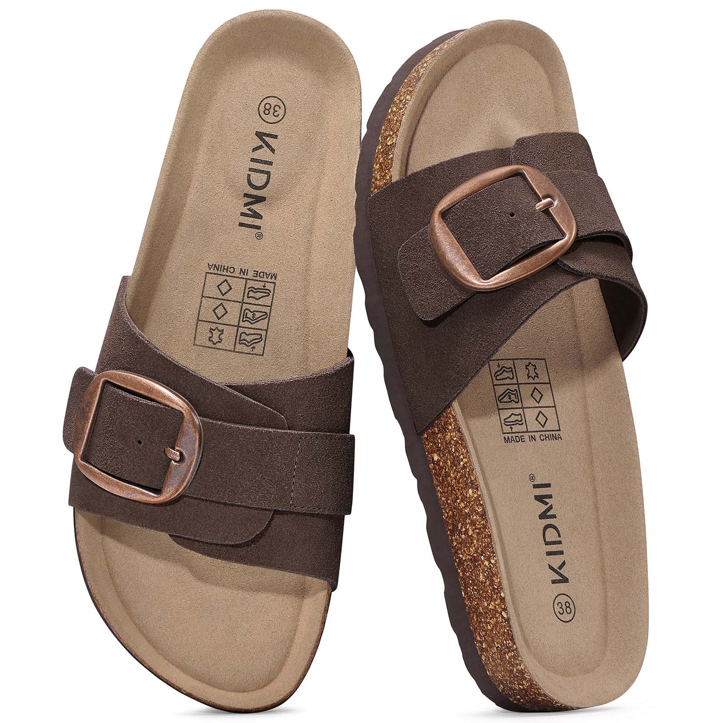 KIDMI Genuine Suede Cork Footbed Sandals for Women Comfortable Summer Slides with Buckle