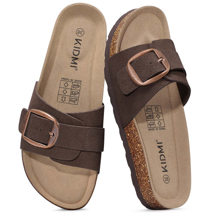 KIDMI Genuine Suede Cork Footbed Sandals for Women Comfortable Summer Slides with Buckle