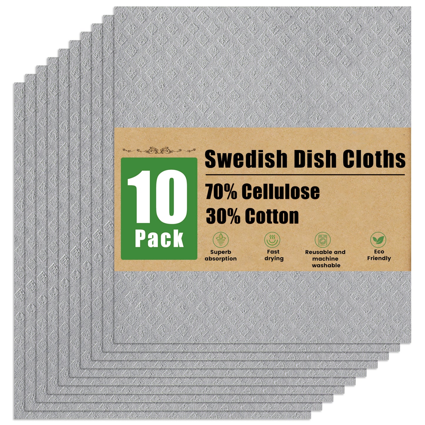decorUhome Swedish Dishcloths for Kitchen 10 Pack Washable Dish Cloths Reusable Absorbent Cellulose Sponge Cloths, Assorted