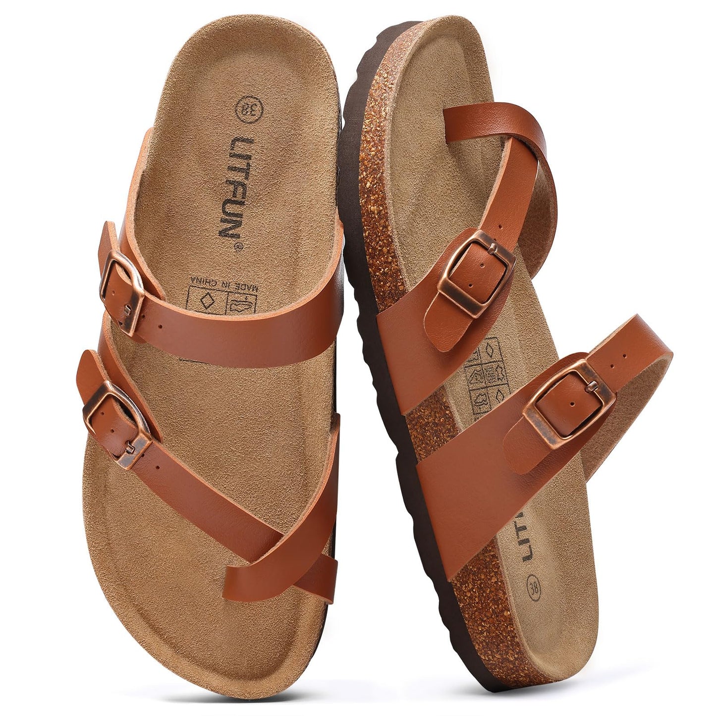 Litfun Women's Genuine Suede Cork Footbed Sandals Comfortable Summer Slides with Adjustable Buckle