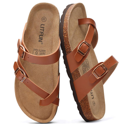Litfun Women's Genuine Suede Cork Footbed Sandals Comfortable Summer Slides with Adjustable Buckle