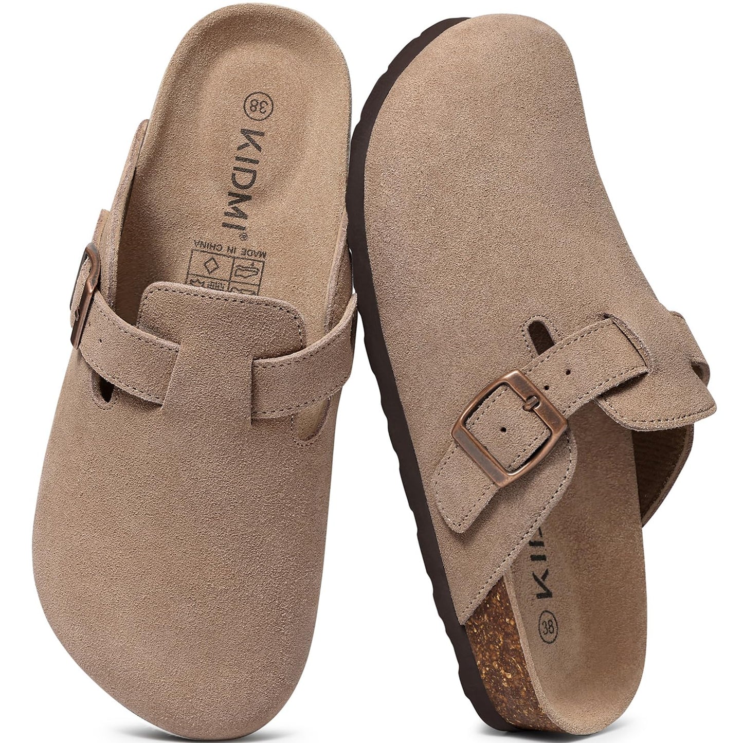 KIDMI Women's Suede Clogs Leather Mules Cork Footbed Sandals Potato Shoes with Arch Support