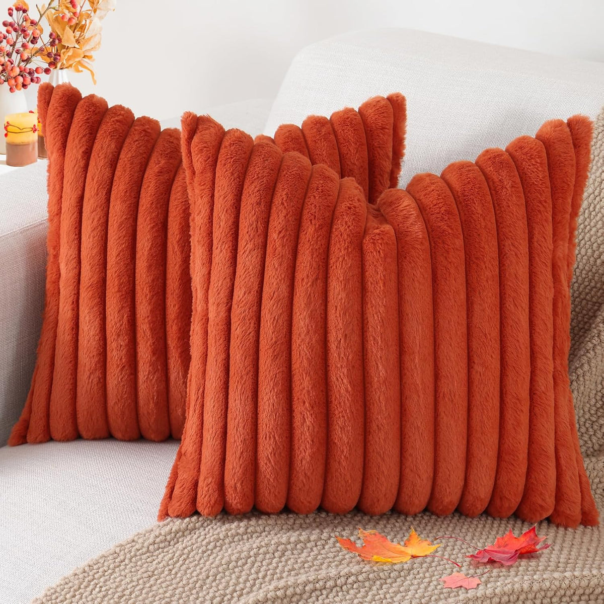 Smile Bee Faux Fur Plush Decorative Throw Pillow Covers Set of 2