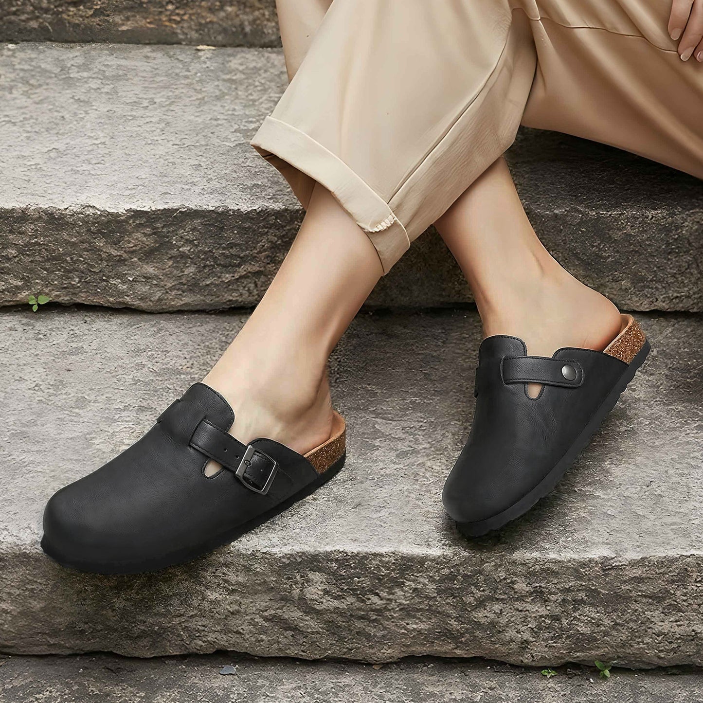 Comwarm Vegan Leather Clogs for Womens Mens, Cork Footbed Potato Slip On Shoes for Women with Arch Support