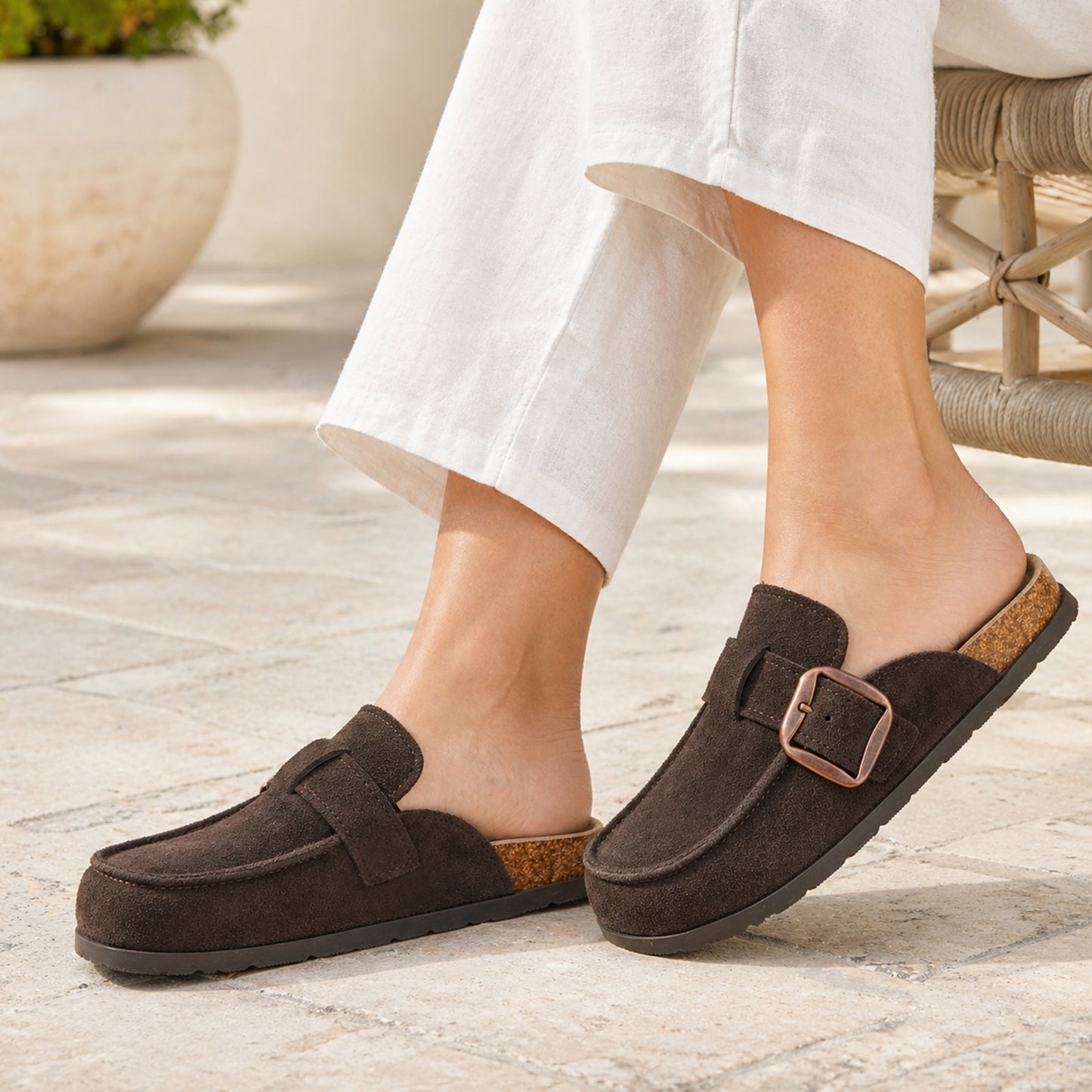 KIDMI Genuine Suede Clogs for Women Cork Footbed Leather Mules Slip On with Comfort Memory Foam and Adjustable Buckle