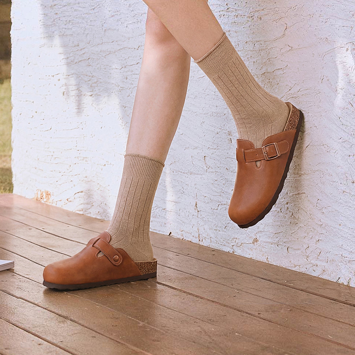 Comwarm Vegan Leather Clogs for Womens Mens, Cork Footbed Potato Slip On Shoes for Women with Arch Support