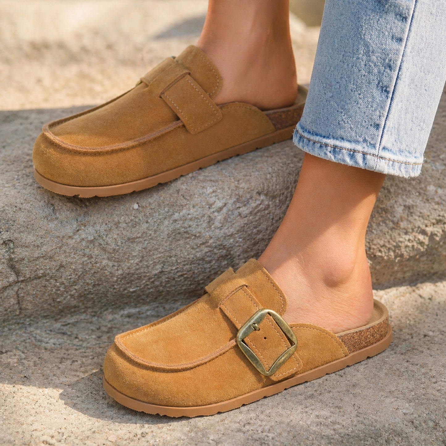 KIDMI Genuine Suede Clogs for Women Cork Footbed Leather Mules Slip On with Comfort Memory Foam and Adjustable Buckle
