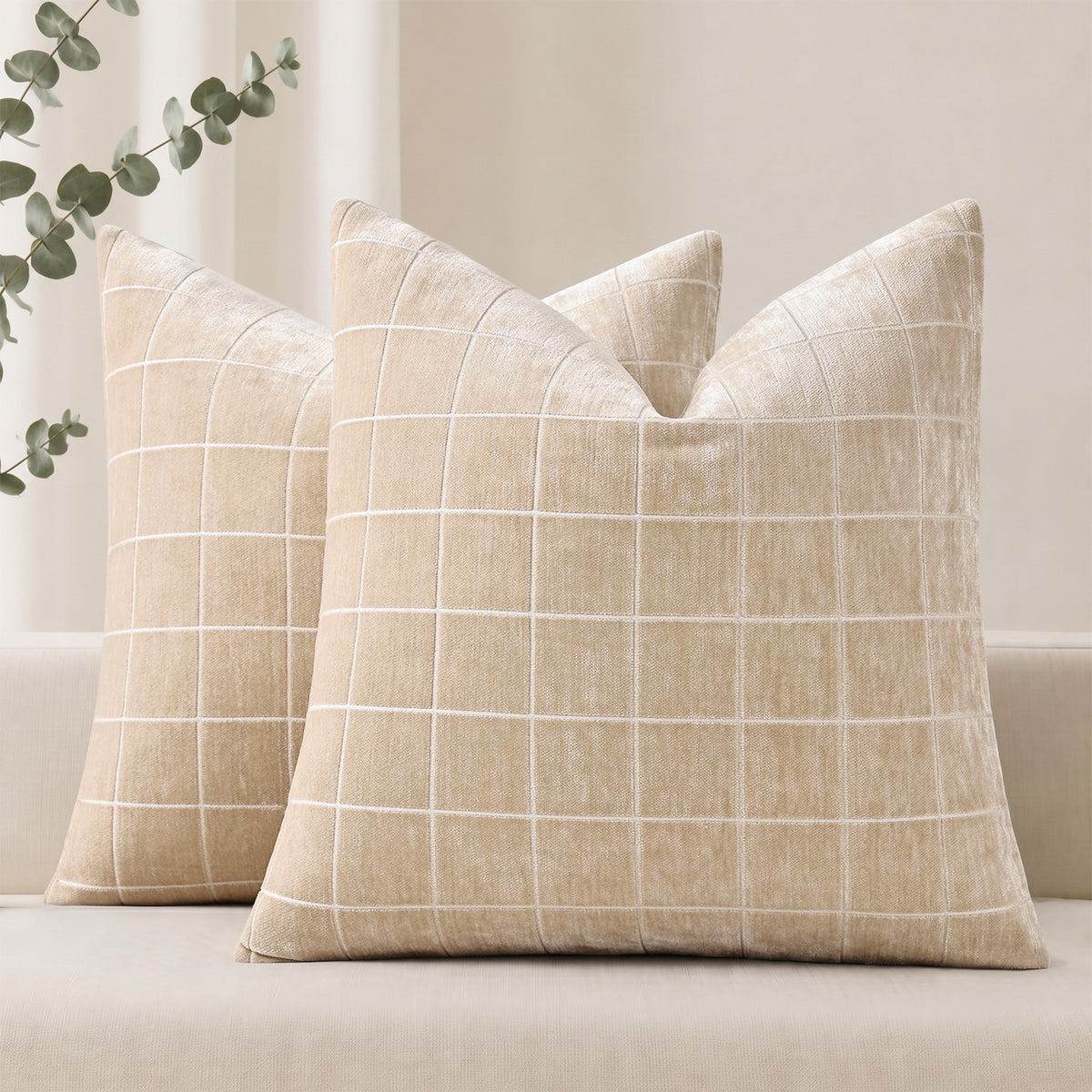 decorUhome Chenille Plaid Throw Pillow Covers 18x18 Set of 2