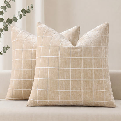 decorUhome Chenille Plaid Throw Pillow Covers 18x18 Set of 2