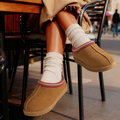 Comwarm Genuine Suede House Fuzzy Slippers for Women Men, Warm Memory Foam Shoes Indoor Outdoor, Khaki