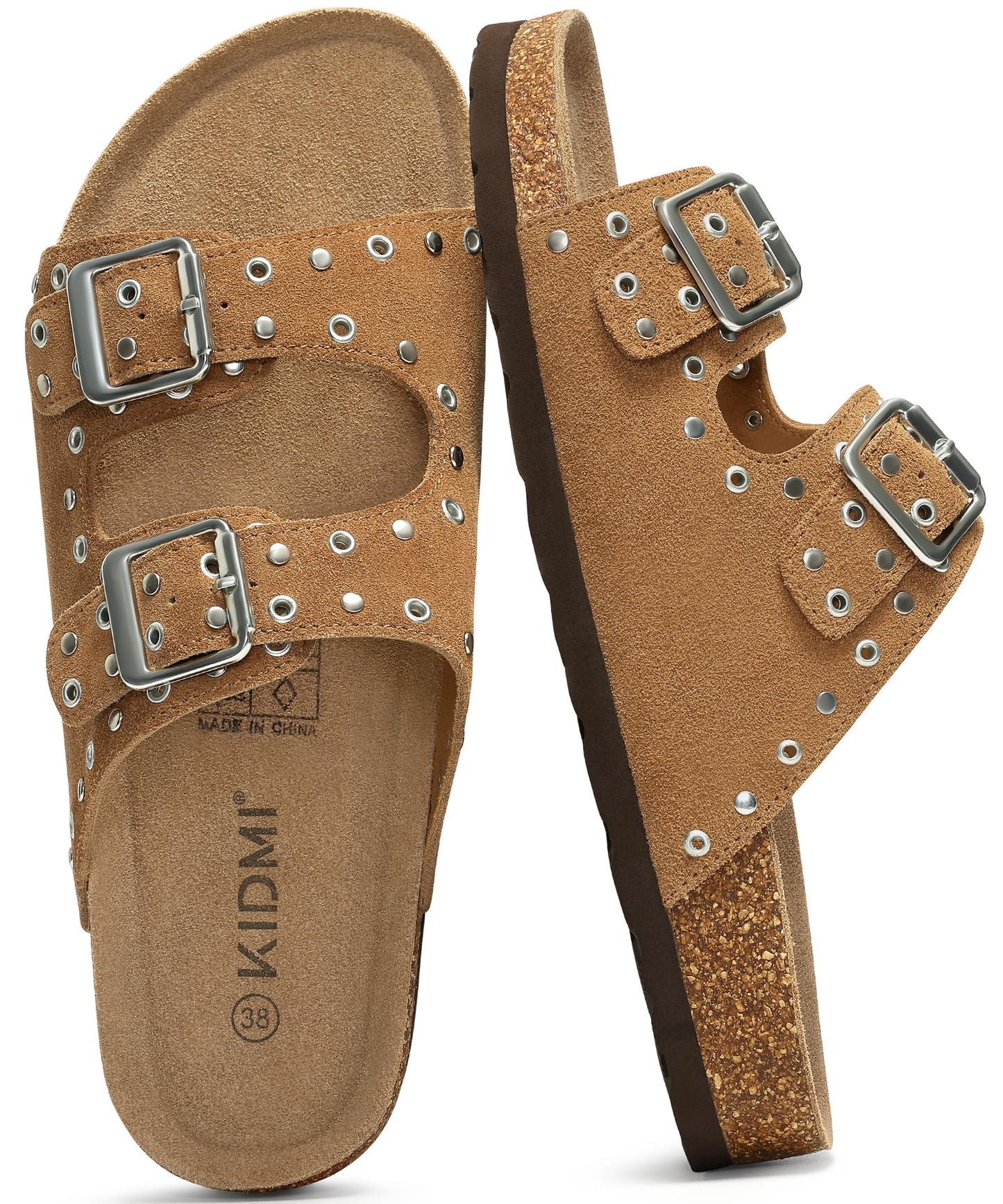 KIDMI Genuine Suede Cork Footbed Sandals for Women Comfortable Summer Slides with Buckle