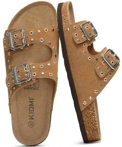 KIDMI Genuine Suede Cork Footbed Sandals for Women Comfortable Summer Slides with Buckle