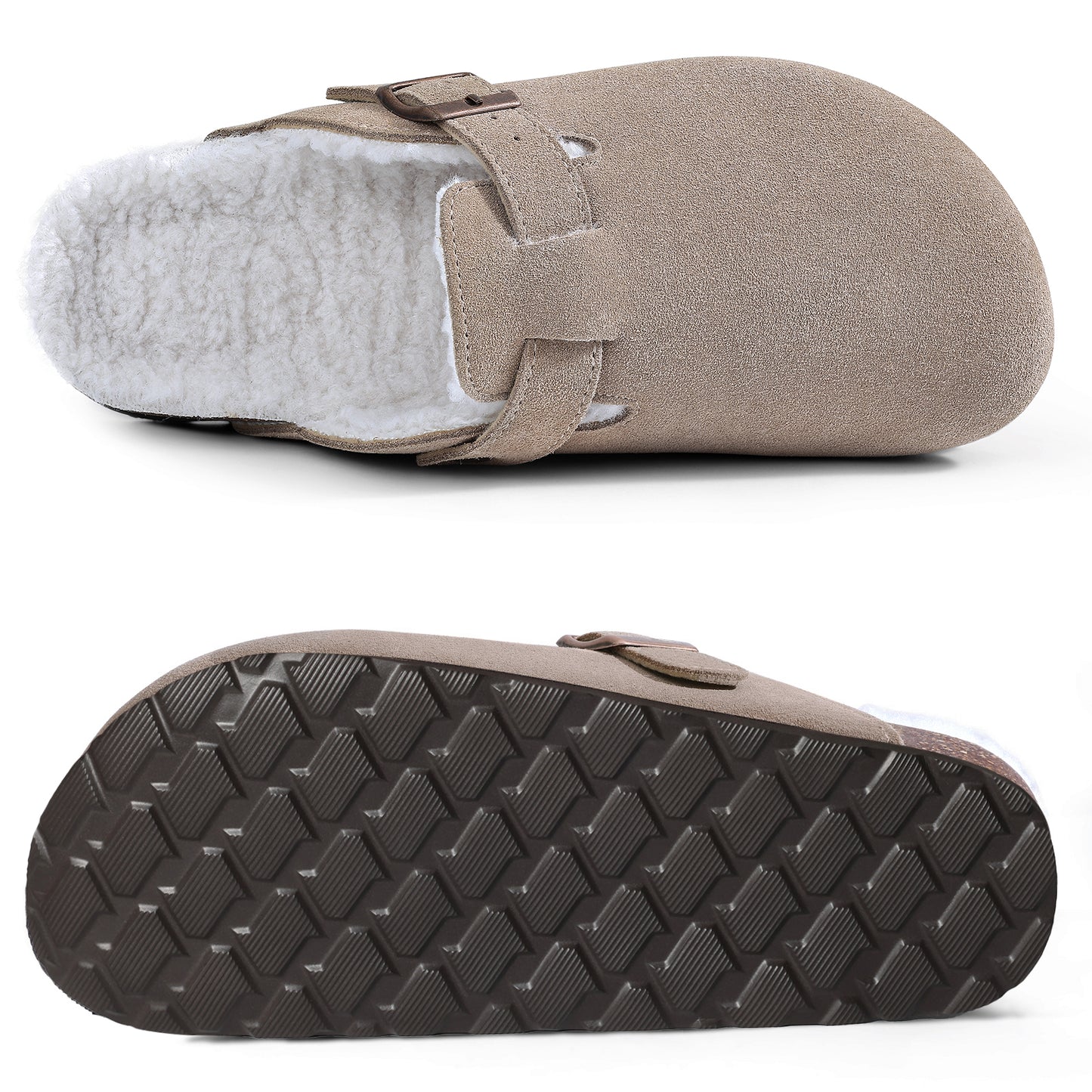 KIDMI Women's Fur Lined Suede Clogs Fuzzy Cork Footbed Mules Slip On Winter Potato Shoes