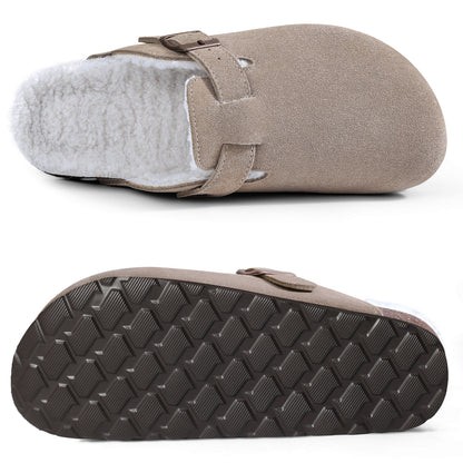 KIDMI Women's Fur Lined Suede Clogs Fuzzy Cork Footbed Mules Slip On Winter Potato Shoes