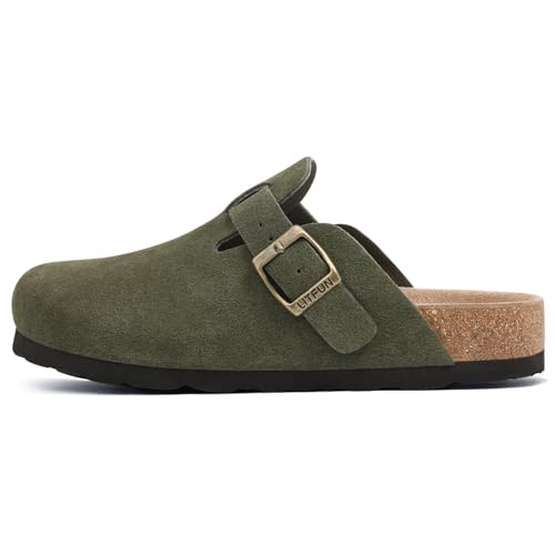 Litfun Suede Clogs for Women Cork Footbed Leather Sandals Arch Support Potato Shoes with Adjustable Buckle