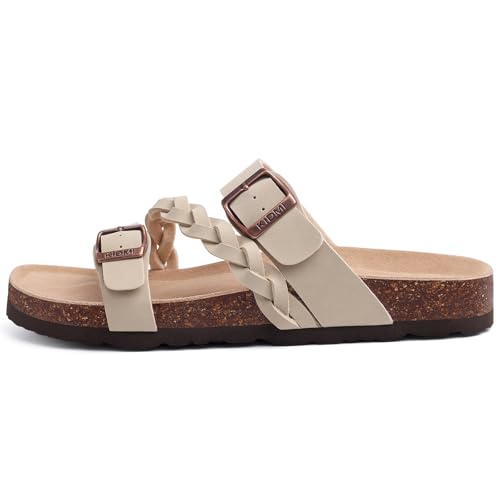 Litfun Women's Cork Footbed Sandals with Arch Support Slip-on Slide Sandals with Adjustable Buckles