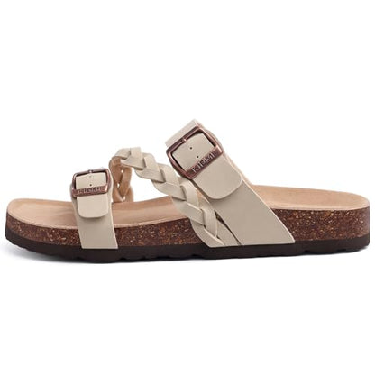 Litfun Women's Cork Footbed Sandals with Arch Support Slip-on Slide Sandals with Adjustable Buckles