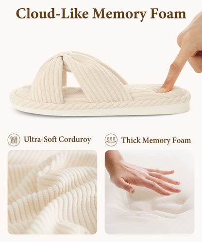 shevalues Memory Foam Slippers for Women Open Toe Indoor House Shoes | Soft Breathable Corduroy, Cross Bow, Non-Slip Sole, Slip On, Comfortable, Cushioning, Lightweight, Machine Washable
