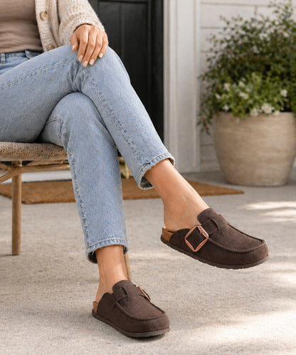 KIDMI Genuine Suede Clogs for Women Cork Footbed Leather Mules Slip On with Comfort Memory Foam and Adjustable Buckle