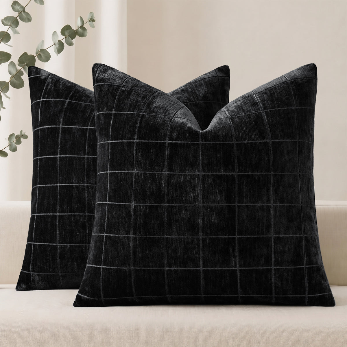 decorUhome Chenille Plaid Throw Pillow Covers 18x18 Set of 2