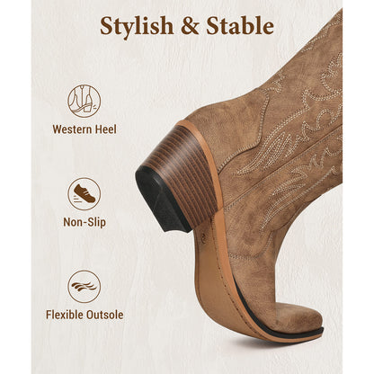 Litfun Cowboy Boots for Women Wide Calf Embroidered Cowgirl Boots Pointed Toe Chunky Block Heel Western Boots