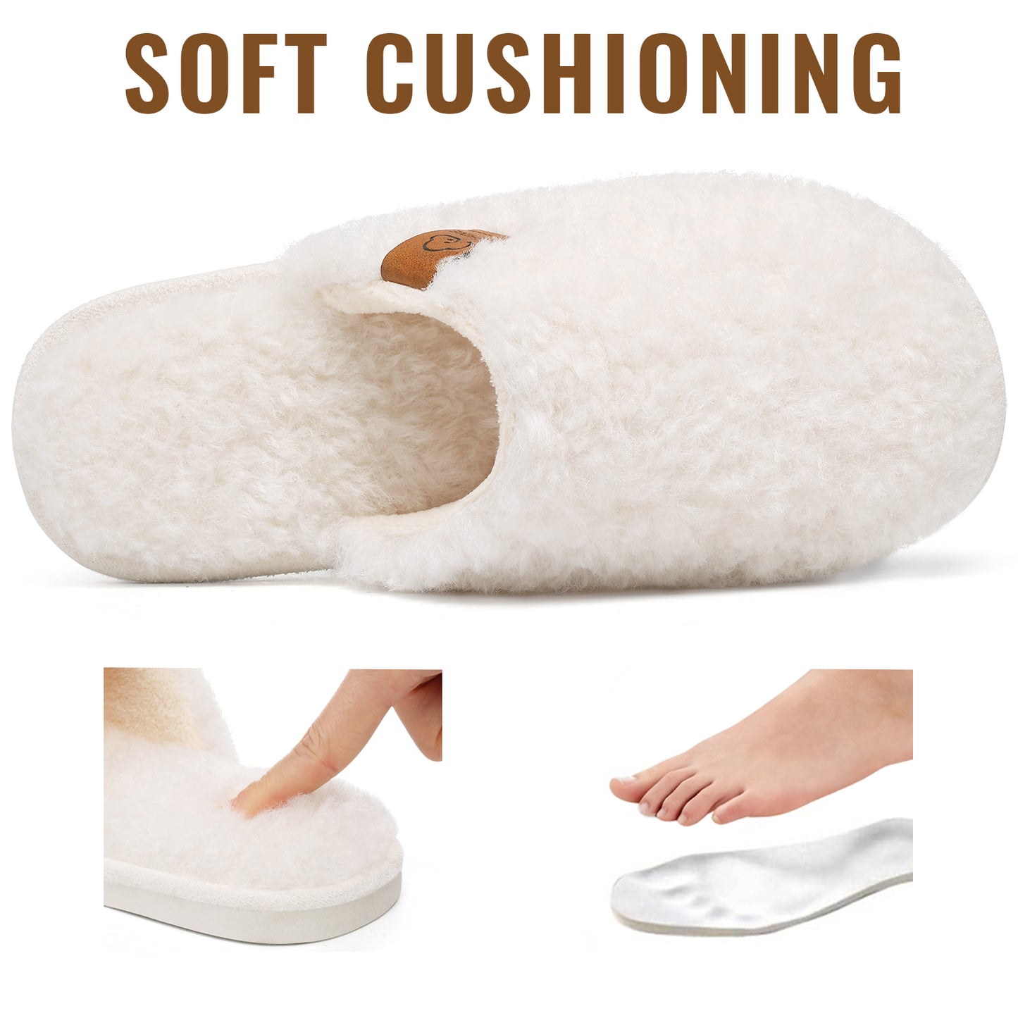 Comwarm Fuzzy Slippers for Women, Cozy Warm Winter Memory Foam Slip On House Shoes for Indoor and Outdoor, Light Brown