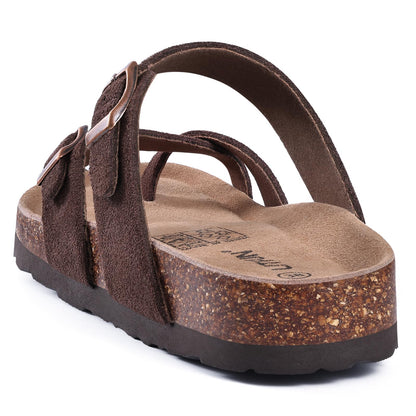 Litfun Women's Genuine Suede Cork Footbed Sandals Comfortable Summer Slides with Adjustable Buckle