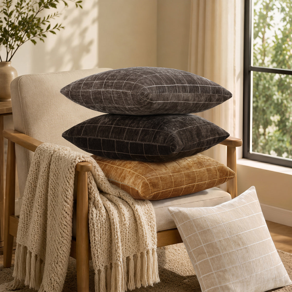 decorUhome Chenille Plaid Throw Pillow Covers 18x18 Set of 2