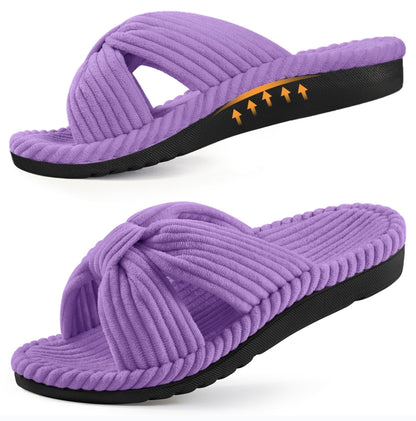 Litfun Orthopedic Arch Support Slippers for Women Open Toe House Slippers Corduroy Cross Bow Slide Slippers