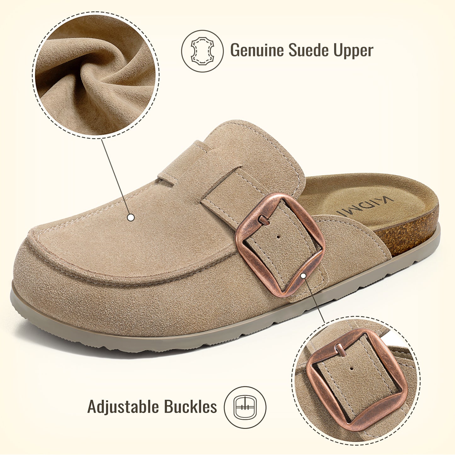 KIDMI Genuine Suede Clogs for Women Cork Footbed Leather Mules Slip On with Comfort Memory Foam and Adjustable Buckle